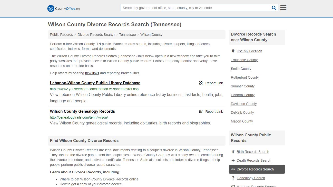 Wilson County Divorce Records Search (Tennessee) - County Office
