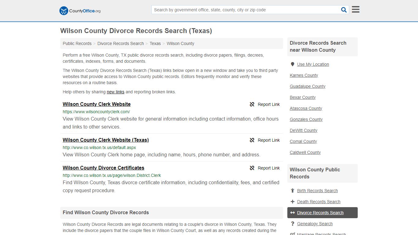 Wilson County Divorce Records Search (Texas) - County Office
